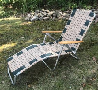 Vintage Folding Aluminum Lounge Chair Chaise Lawn Green Webbed Wood Adjustable