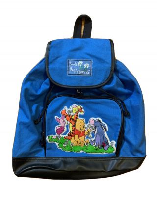 Vintage Disney Winnie The Pooh And Friends Backpack Book Bag Rare Blue