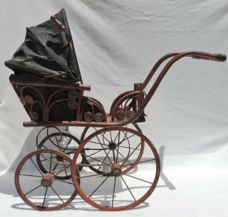 Large 32 " Antique/vtg Wood & Wicker Baby Doll Buggy Carriage Stroller Pram 3084