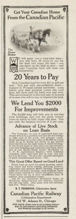 1913 Canadian Pacific Railway Land Home Livestock Offering $2000 Loan Canada Ad