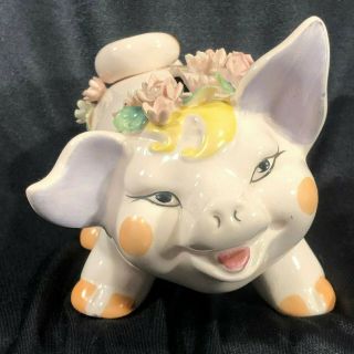 Lefton Pink Ceramic Piggy Bank 379 W/flowers,  No Stopper,  5.  5 " Lx4.  25 " Hx4.  25 " D