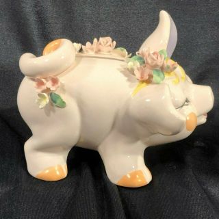 Lefton pink ceramic piggy bank 379 w/flowers,  no stopper,  5.  5 