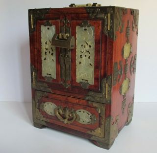 Ornate Vintage Chinese Brass Jade Wood Jewelry Box Chest With Lock & Key