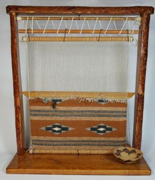 Vintage Small Navajo Blanket Rug Weaving Loom Frame W/ Wool Start,  21.  5 " X 18.  75