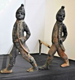 Antique American Revolution Hessian Soldiers Cast Iron Fireplace Andirons