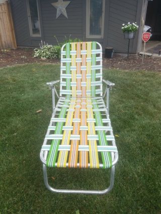 Vtg Aluminum Webbed Folding Beach Lawn Chair Chaise Lounge Green Orange Yellow
