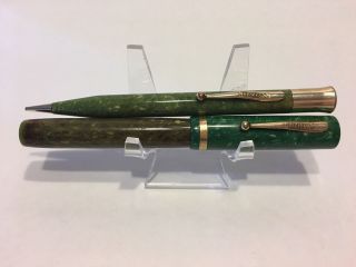 Vintage Sheaffer Flat Top Wd Jade Green Gft Lever Filler Fountain Pen & Pencil.