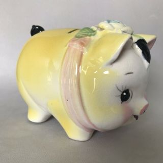 Vintage Whimsical Sunny Yellow Ceramic Piggy Bank Rose Ribbon Japan Darling