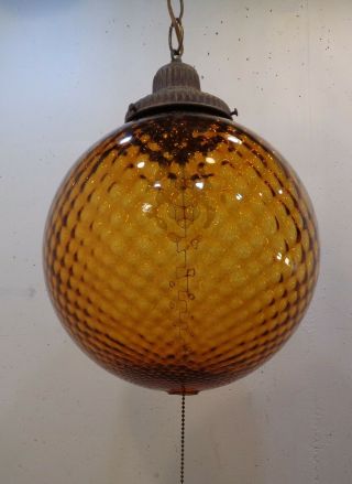 Vintage Mid Century Modern Amber Hanging Swag Lamp Light Orb Retro 1960 