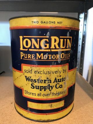 Vintage 2 Gallon Long Run Pure Motor Oil Western Auto Can Gas Service Station