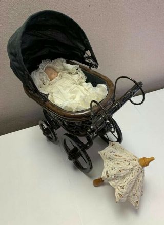 Antique Victorian Wood And Iron Pram Buggy With Baby Doll And Umbrella