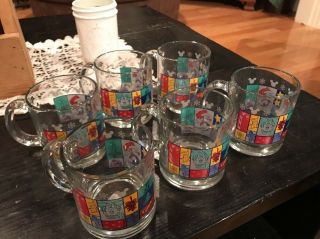Vintage Set Of 6 Mickey Mouse Disney World Clear Glass Mugs With Handle