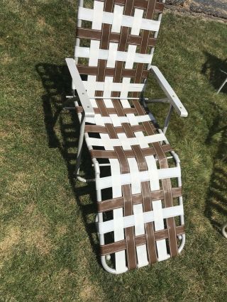 Webbed Vintage Aluminum Folding Chaise Lounge Lawn Chair Brown & White Webbing
