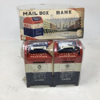 Vtg Nos Set Of 2 Us Post Office Mail Box Tin Toy Savings Bank Made In Japan Key