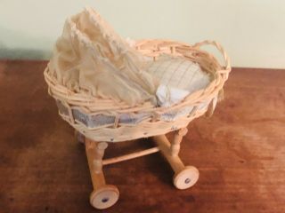 Vintage Miniature Toy Doll Baby Carriage Buggy Baby Wicker Wood Wheels Germany