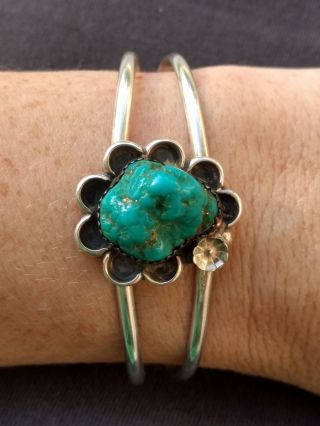 Vintage Navajo Turquoise Nugget & Sterling Silver Cuff Bracelet Signed JW 2
