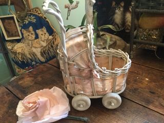 Vintage Neidco Miniature Wicker Doll Buggy Carriage W Pink Silk Ribbon & Bows