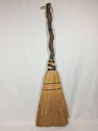 Vtg Handmade Artisan Hearth Broom Twisted Wood Branch Handle Rustic Antique 2