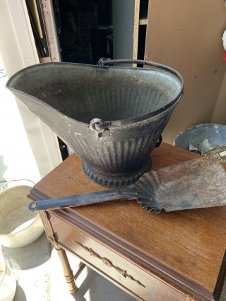 Vintage Black Coal Hod Ash Bucket With Handle & Shovel Galvanized Coal Bucket
