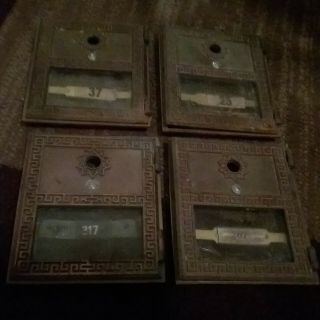 4 - Vintage Antique Brass Us Post Office Mail Box Doors With Hinges And Frames