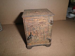 Great Old Cast Iron " Young America " Key Lock Safe Bank C.  1882 W/key