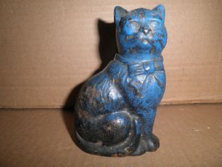 Great Old Cast Iron Blue Cat With Bow Seated Still Bank 1922
