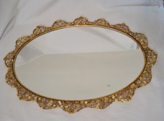 Vintage Matson Roses Mirror Vanity Dresser Tray 21 " Scalloped Oval Gold Large
