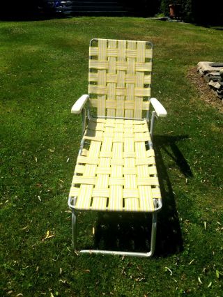 Vintage Adjustable Folding Aluminum Chaise Lounge Chair Yellow/white Webbing