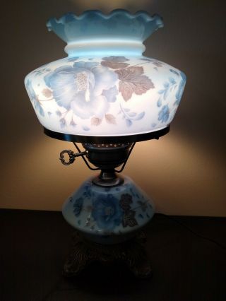 Vintage Hedco Blue Floral Gone With The Wind Hurricane 3 Way Parlor Lamp 14 "