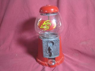 Large Red Jelly Belly Bean Gumball Machine Dispenser Glass & Metal Coin Bank Euc