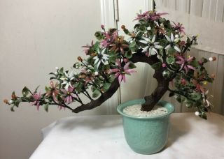 Vintage Chinese Art Jade Bonsai Gem Flower Tree In A Celadon Pot.