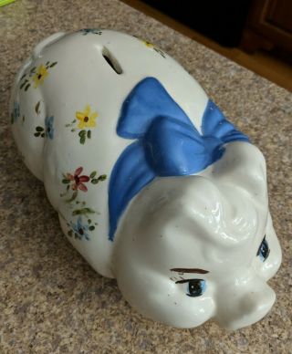 Vintage 11 " Long Piggy Bank W/blue Bow & Flowers Ceramic Handmade Duckworth