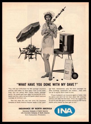 1961 Ina Insurance By North America Woman Bbq Grill Shish Kabob Vintage Print Ad