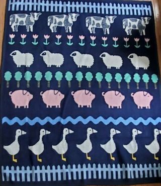 Vuteks Crown Craft Acrylic Throw Blanket Farm Animals Blue Yellow Pink Green Vtg