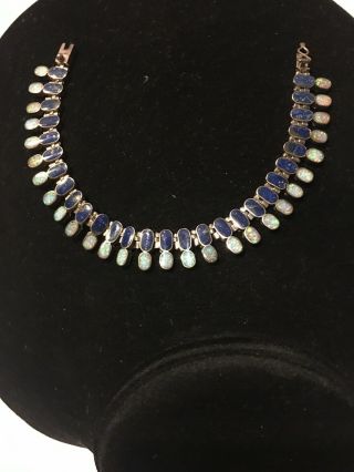 Vintage Opal & Lapis Lazuli Inlay Gemstone 925 Sterling Silver Bracelet 7.  5 "