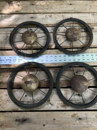 4 Vintage 9” Wire Spoke Metal Baby Buggy Stroller Wheels Hub Cap Repurpose Parts