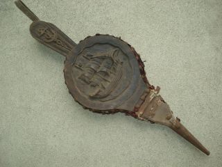 Vintage Antique Wood Carved Fireplace Bellows Nautical Theme Ships Boats Anchor