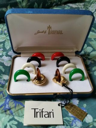 Trifari Vintage Clip On Earring Set Multicolored Interchangeable Tags