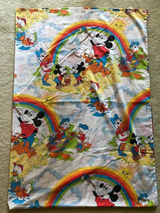 Vintage Disney Pacific Twin Flat Sheet Pillowcase Mickey Mouse Painting Rainbow
