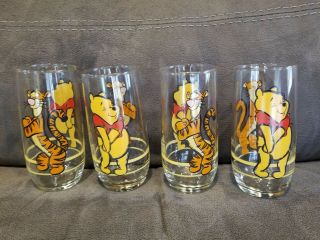Set Of 4 Winnie The Pooh Glass Tumblers Tigger On Reverse