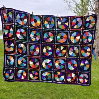 Vintage Handmade Crochet Afghan Quilt Throw Blanket 45 " X 62 " Multicolor Black