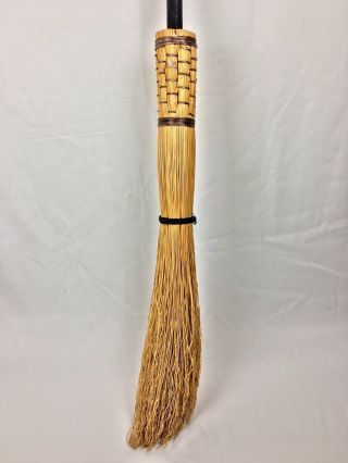 Vtg Handmade Woven Artisan Round Hearth Broom Black Wood Handle Rustic Antique