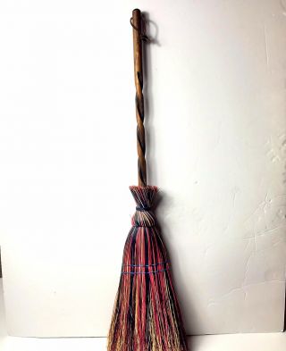 Handmade Heirloom Hearth Broom - Carved Twist Handle - Leather Strap - Colored Bristle