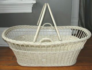 Vintage Antique White Wicker Moses Baby Basket Cradle Bed Bassinet W Handles