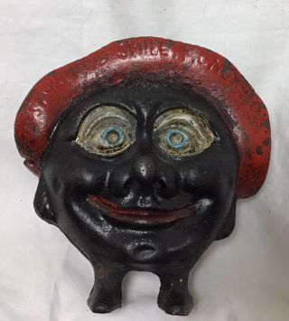 Vintage Cast Iron " Save And Smile Money Box " Bank.