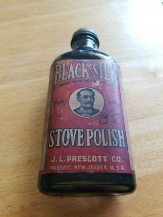 Antique Black Silk Stove Polish Jl Prescott Passaic Nj Glass Bottle Paper Label