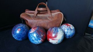 Set 4 Vintage Paramount Candle Pin Bowling Balls - Red Blue White Swirls And Bag