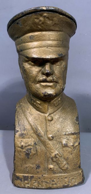 1918 Antique Wwi Era Cast Iron Old Aef General Pershing Bust Statue Still Bank