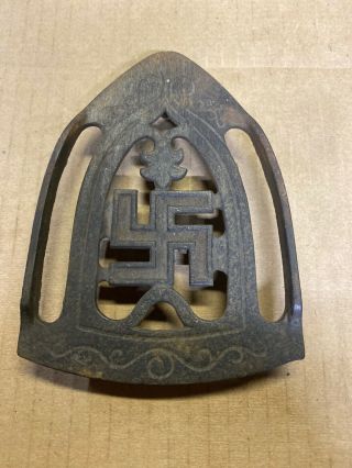 Antique 1920s Whirling Log Good Luck Swastika Iron Footed Trivet