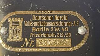 Vintage luggage metal coin savings bank,  Berlin,  German Herald Life Insurance 2